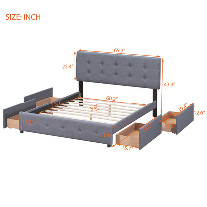 Start2Finish upholstered platform bed with classic headboard and four drawers, featuring linen fabric and modern design.