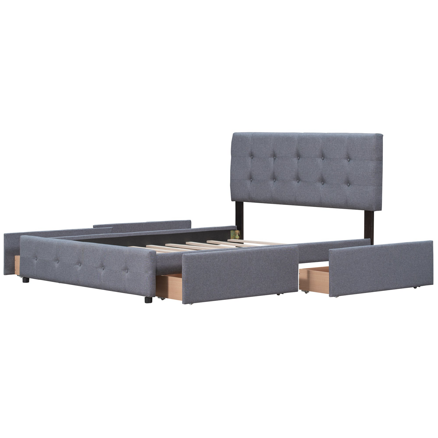 Start2Finish upholstered platform bed with classic headboard and four linen fabric drawers, showcasing a modern bedroom furniture piece.