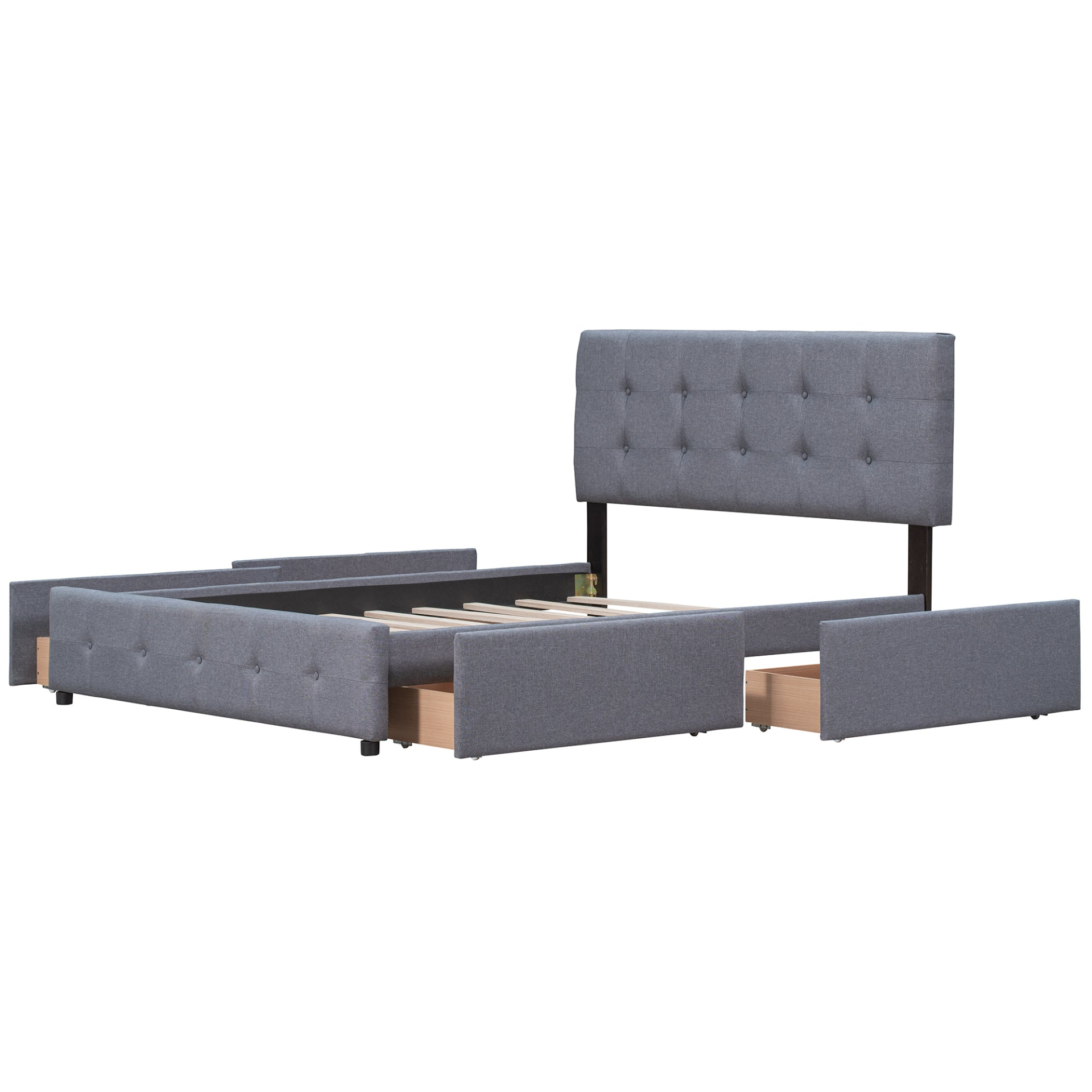 Start2Finish upholstered platform bed with classic headboard and four linen fabric drawers, showcasing a modern bedroom furniture piece.
