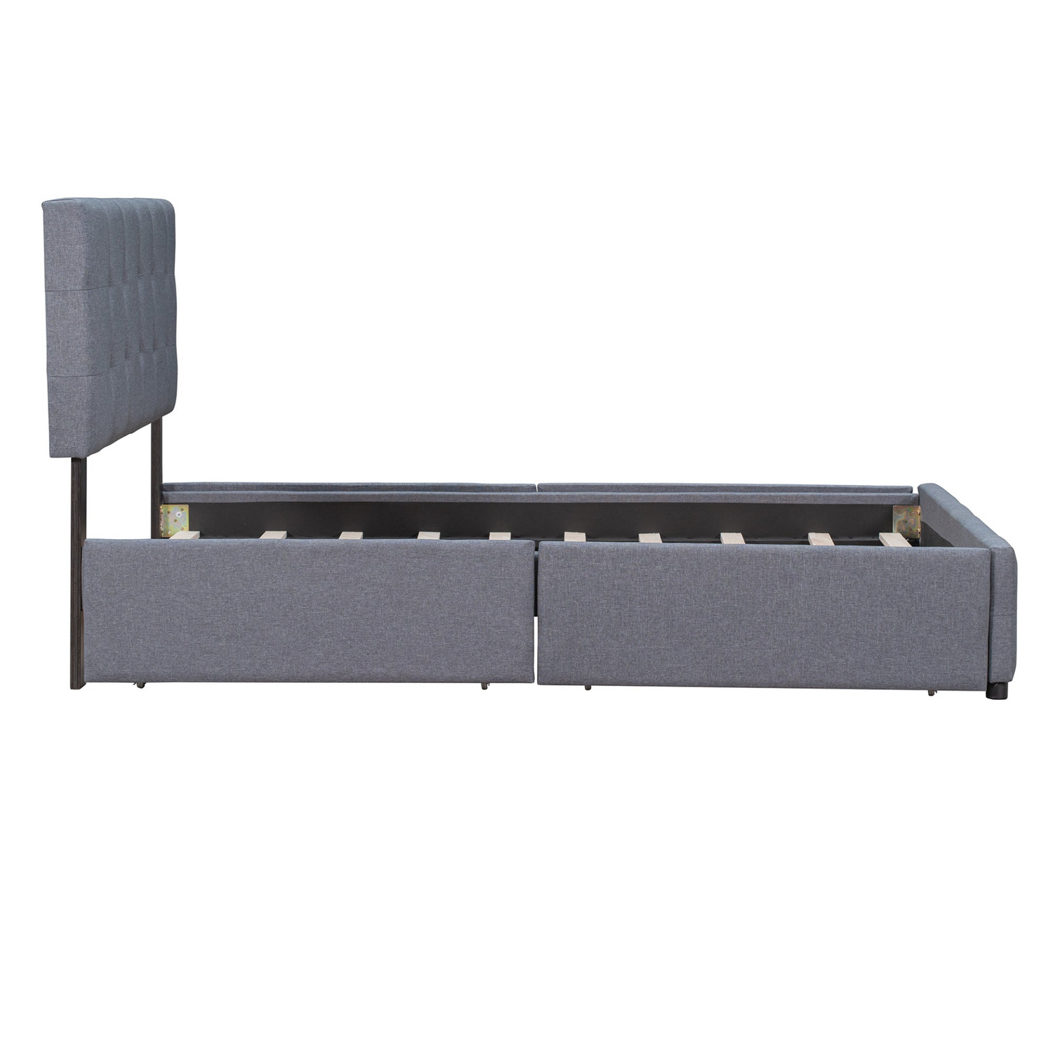 Start2Finish upholstered platform bed with classic headboard and four linen fabric drawers, showcasing a stylish bedroom furniture piece.