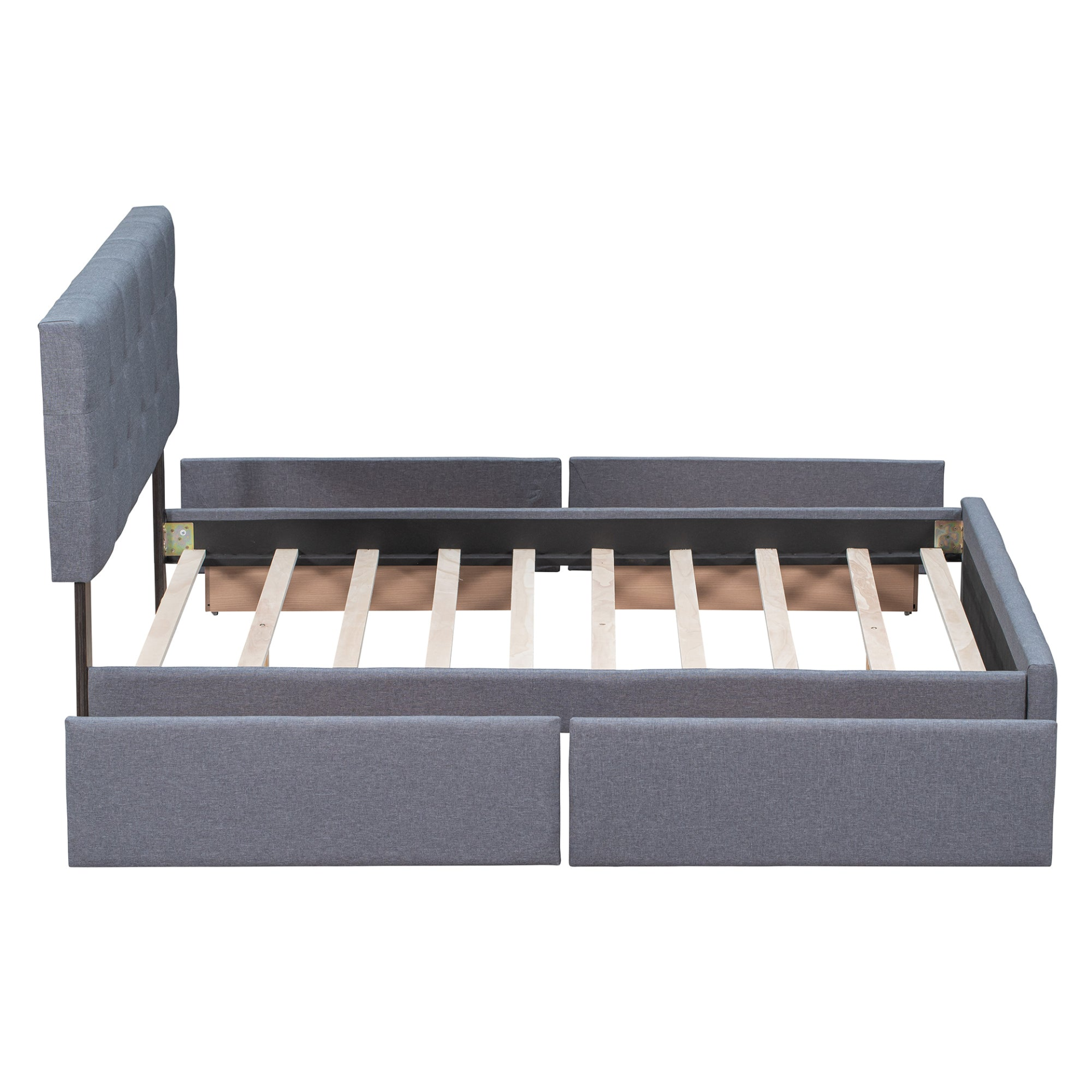 Start2Finish upholstered platform bed with classic linen headboard and four storage drawers, showcasing a stylish and functional bedroom piece.