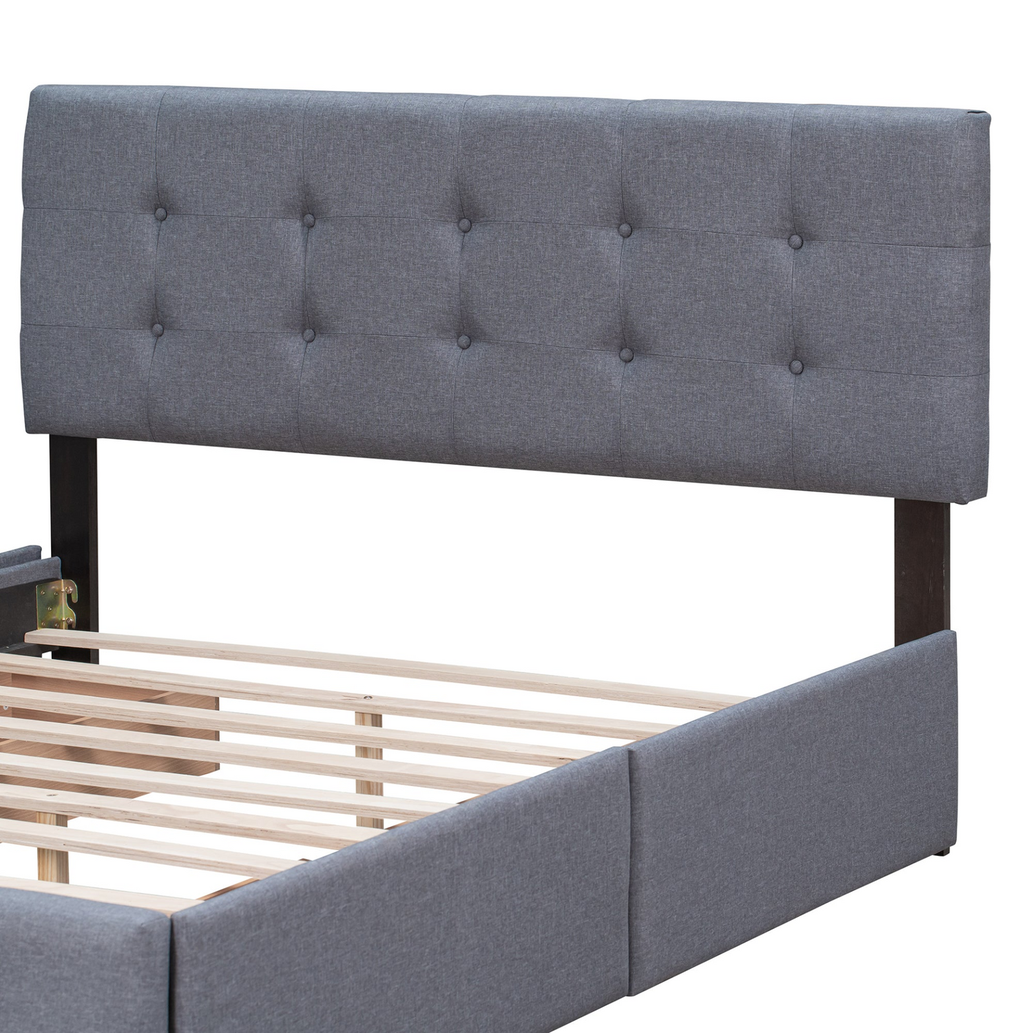 Start2Finish linen fabric upholstered platform bed with classic headboard and four storage drawers in a modern bedroom setting.