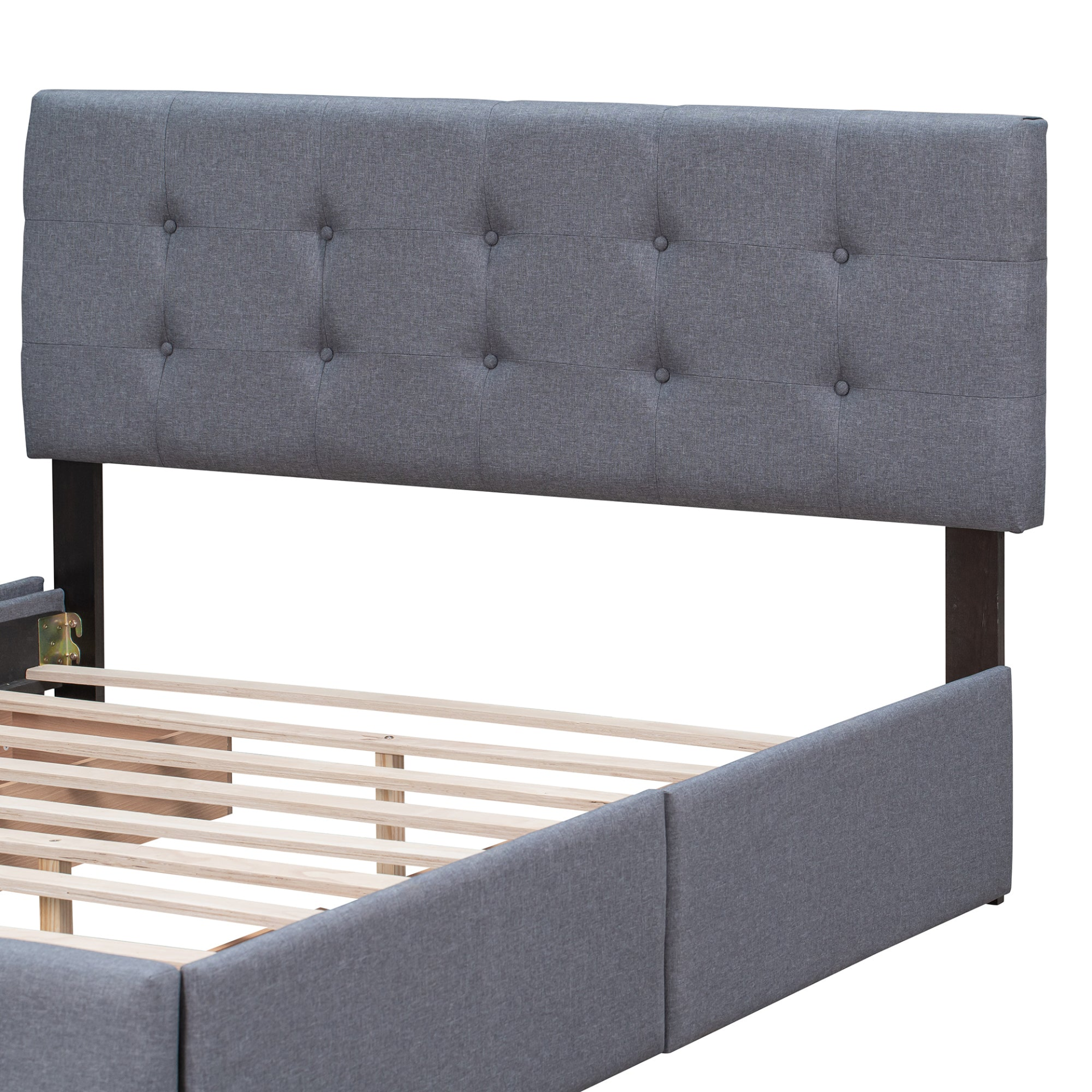 Start2Finish linen fabric upholstered platform bed with classic headboard and four storage drawers in a modern bedroom setting.