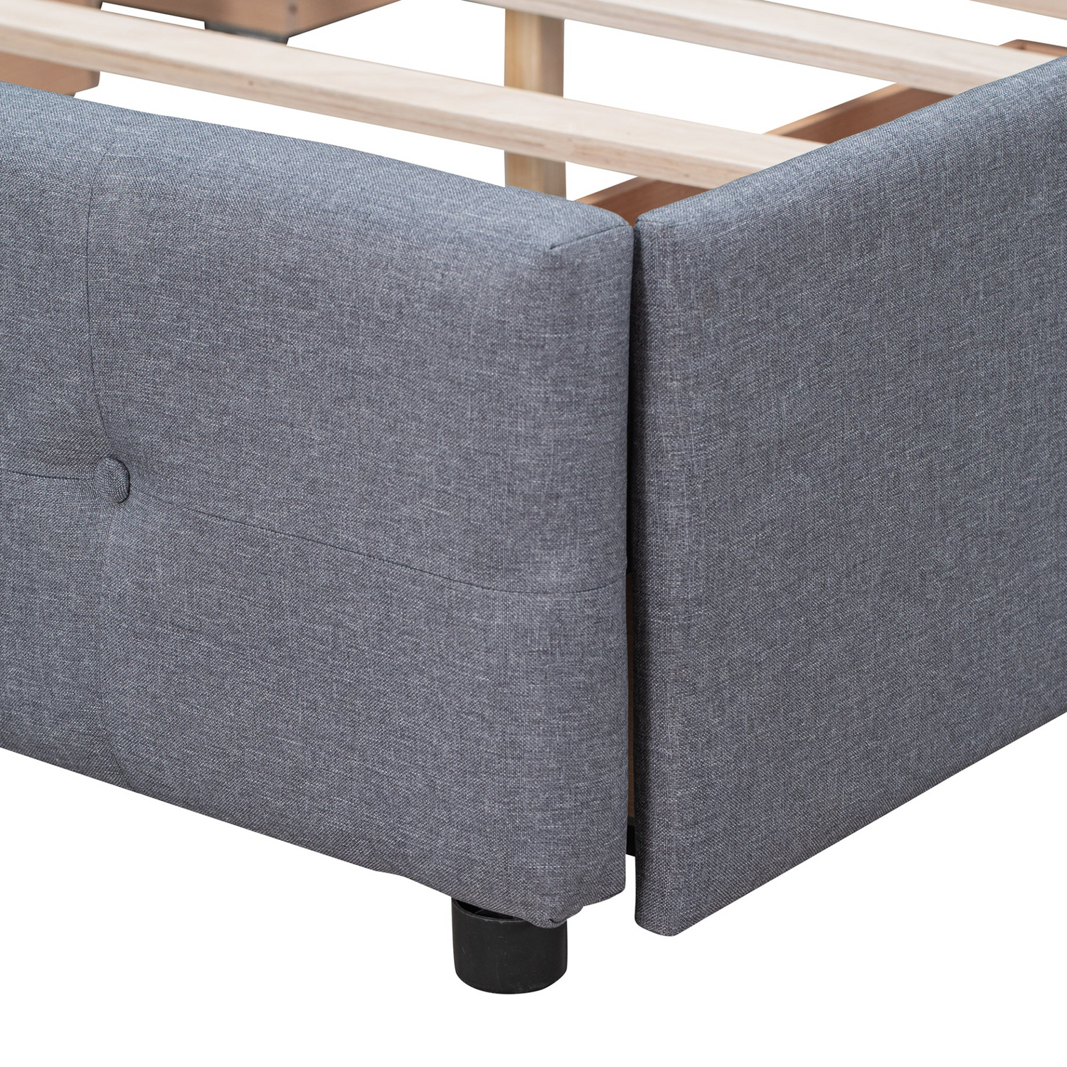 Start2Finish linen fabric upholstered platform bed with classic headboard and four storage drawers in a modern bedroom setting.