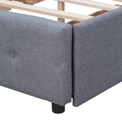 Start2Finish linen fabric upholstered platform bed with classic headboard and four storage drawers in a modern bedroom setting.