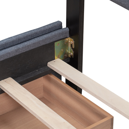 Start2Finish linen fabric upholstered platform bed with classic headboard and four storage drawers, showcasing a stylish bedroom setup.