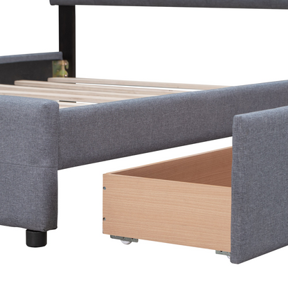 Start2Finish linen fabric upholstered platform bed with classic headboard and four built-in storage drawers