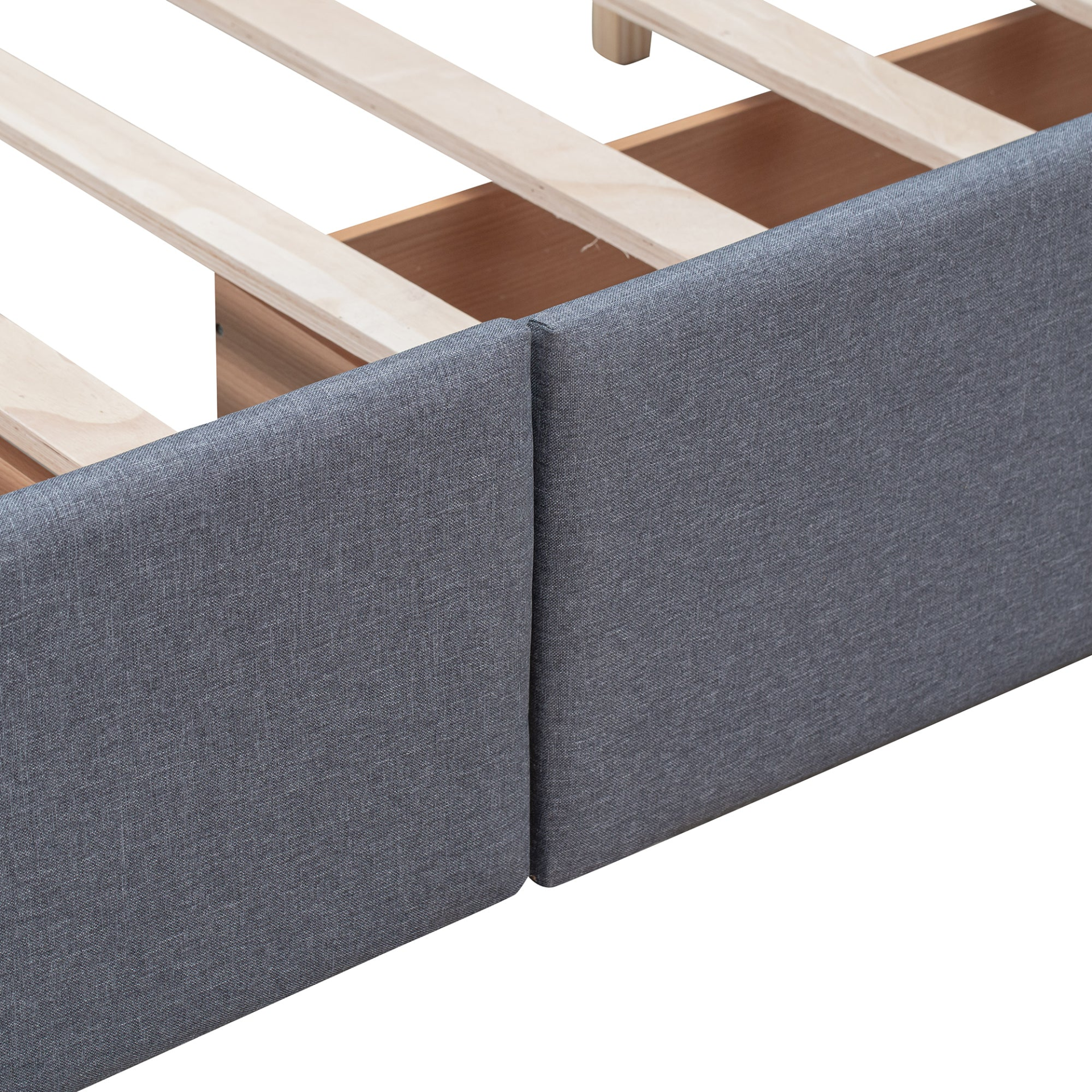 Start2Finish upholstered platform bed with classic headboard, linen fabric, and four storage drawers in a modern bedroom setting.