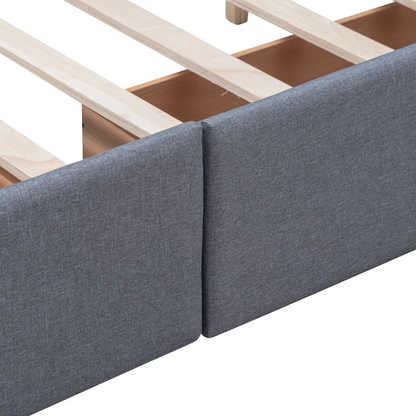Start2Finish upholstered platform bed with classic headboard, linen fabric, and four storage drawers in a modern bedroom setting.