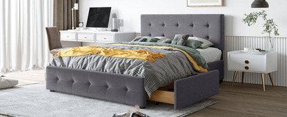 Start2Finish linen upholstered platform bed with classic headboard and four storage drawers in a modern bedroom setting.