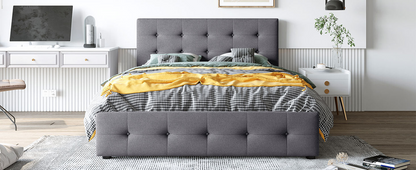 Start2Finish linen fabric upholstered platform bed with classic headboard and four storage drawers, showcasing a modern bedroom furniture piece.