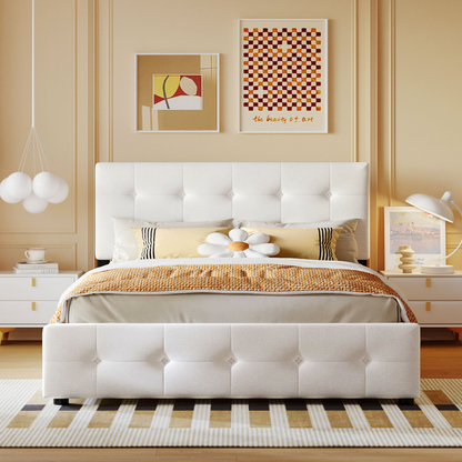 Upholstered platform bed with classic headboard, linen fabric, and four storage drawers, by Start2Finish.