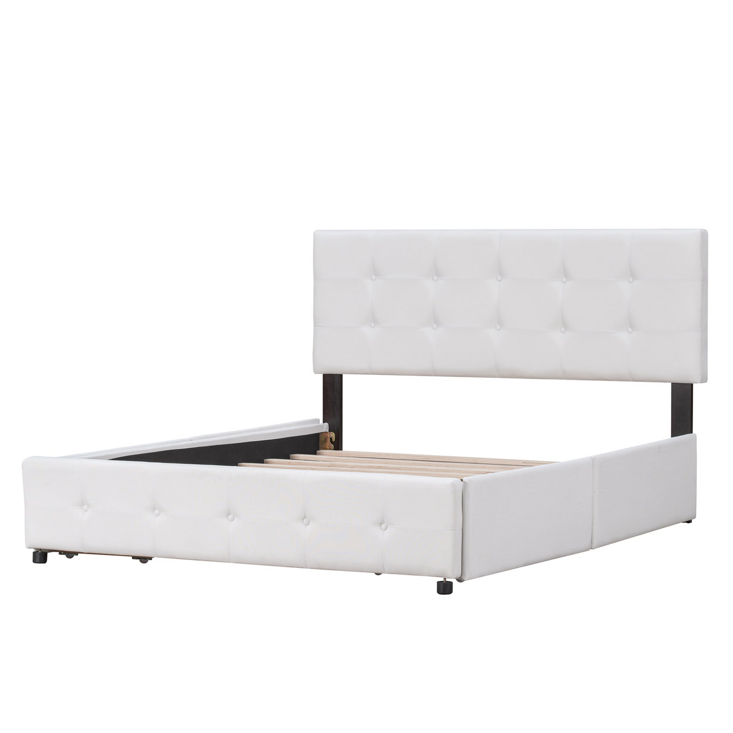 Start2Finish linen fabric upholstered platform bed with classic headboard and four storage drawers in a modern bedroom setting.
