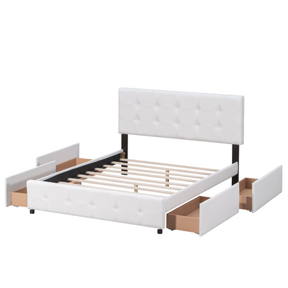 Start2Finish upholstered platform bed with classic headboard and four linen fabric drawers, showcasing its stylish and functional design.