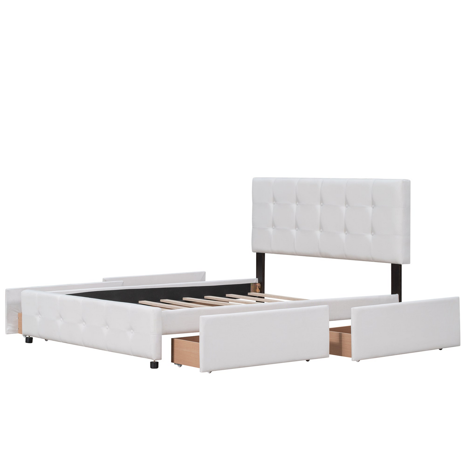 Start2Finish upholstered platform bed with classic headboard, linen fabric, and four storage drawers in a modern bedroom setting.
