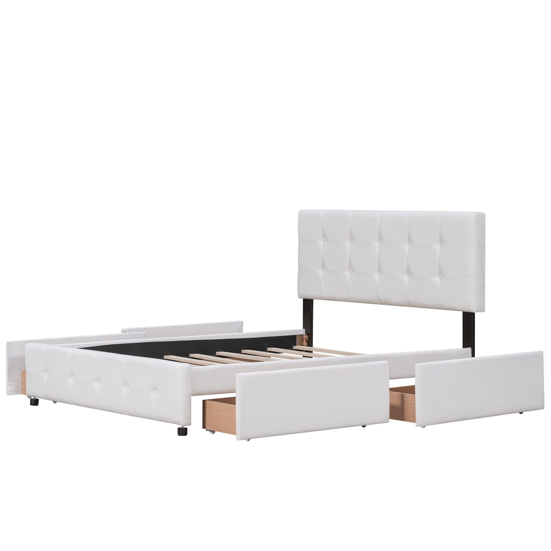 Start2Finish upholstered platform bed with classic headboard, linen fabric, and four storage drawers in a modern bedroom setting.