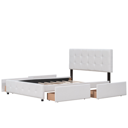 Start2Finish upholstered platform bed with classic headboard, linen fabric, and four storage drawers in a modern bedroom setting.