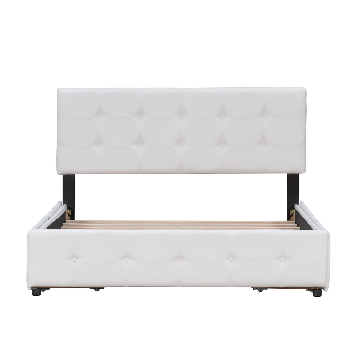 Start2Finish upholstered platform bed with classic headboard and four linen fabric drawers, showcasing the clean, modern design.