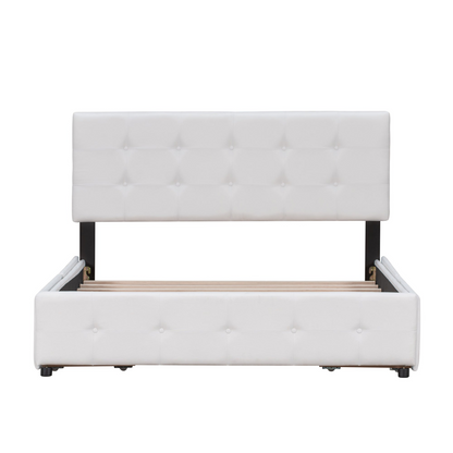 Start2Finish upholstered platform bed with classic headboard and four linen fabric drawers, showcasing the clean, modern design.