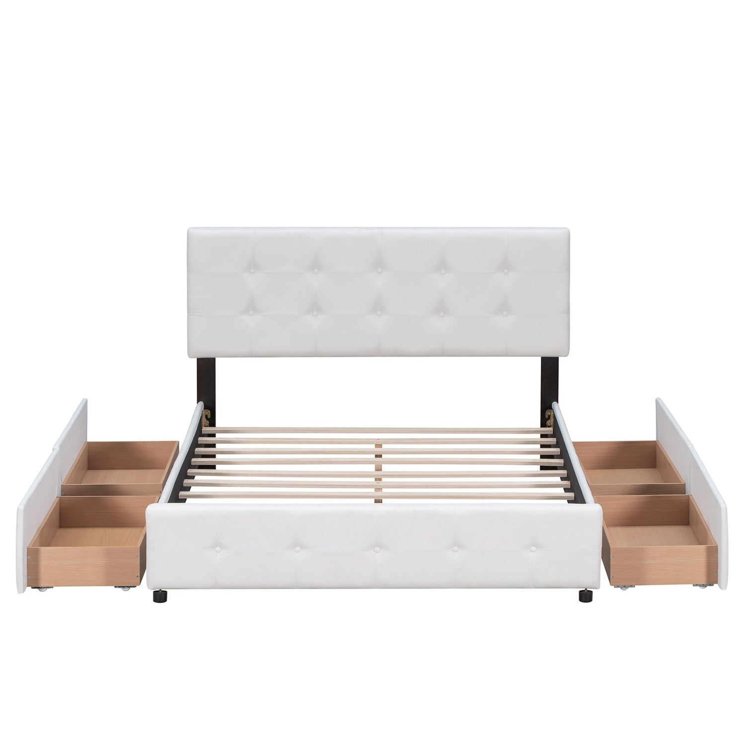 Start2Finish upholstered platform bed with classic headboard, linen fabric, and four storage drawers, modern bedroom furniture.