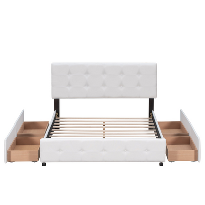 Start2Finish upholstered platform bed with classic headboard, linen fabric, and four storage drawers, modern bedroom furniture.