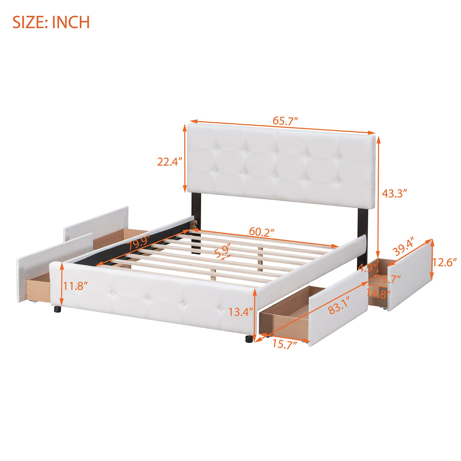 Start2Finish upholstered platform bed with classic headboard, linen fabric, and four storage drawers for a stylish bedroom setup.