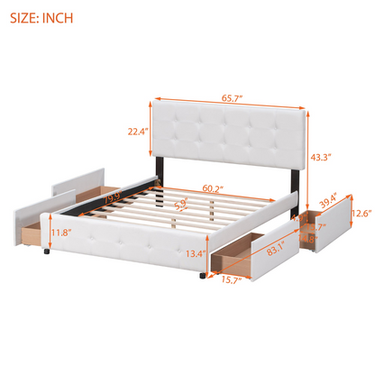 Start2Finish upholstered platform bed with classic headboard, linen fabric, and four storage drawers for a stylish bedroom setup.