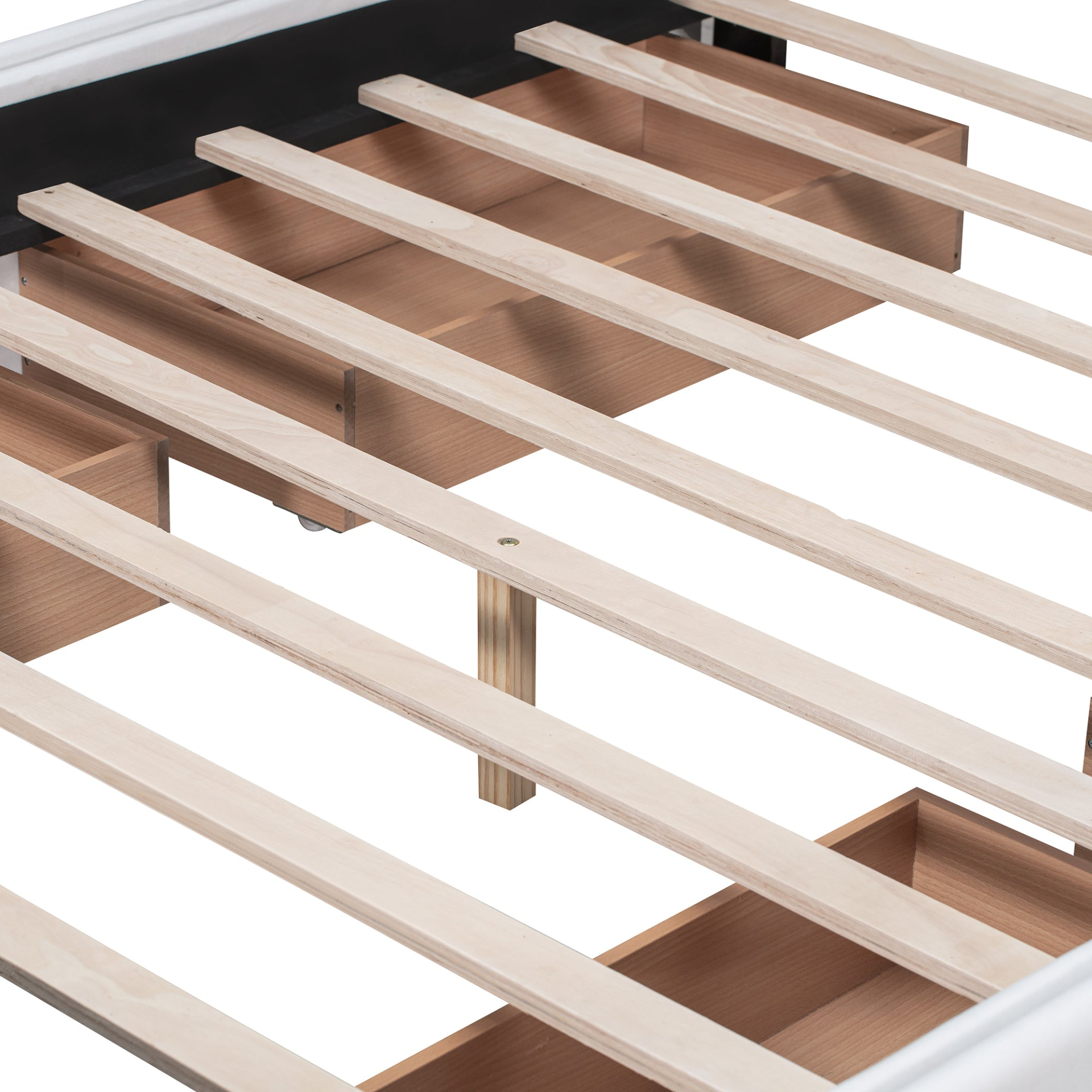 Start2Finish upholstered platform bed with classic headboard and four drawers in linen fabric, showcasing the stylish bedroom furniture.