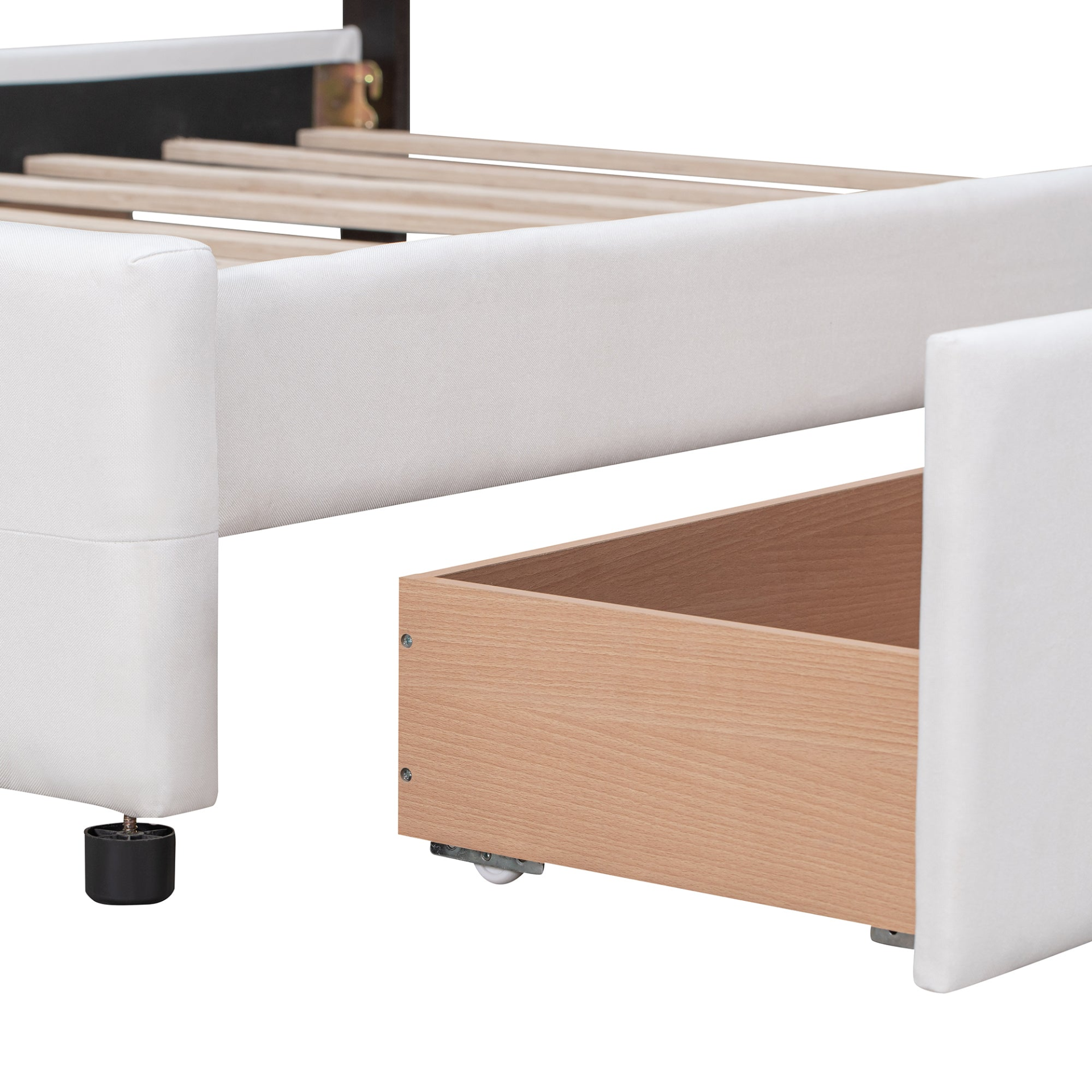 Start2Finish upholstered platform bed with classic headboard and four linen fabric drawers, showcasing its elegant design and storage.