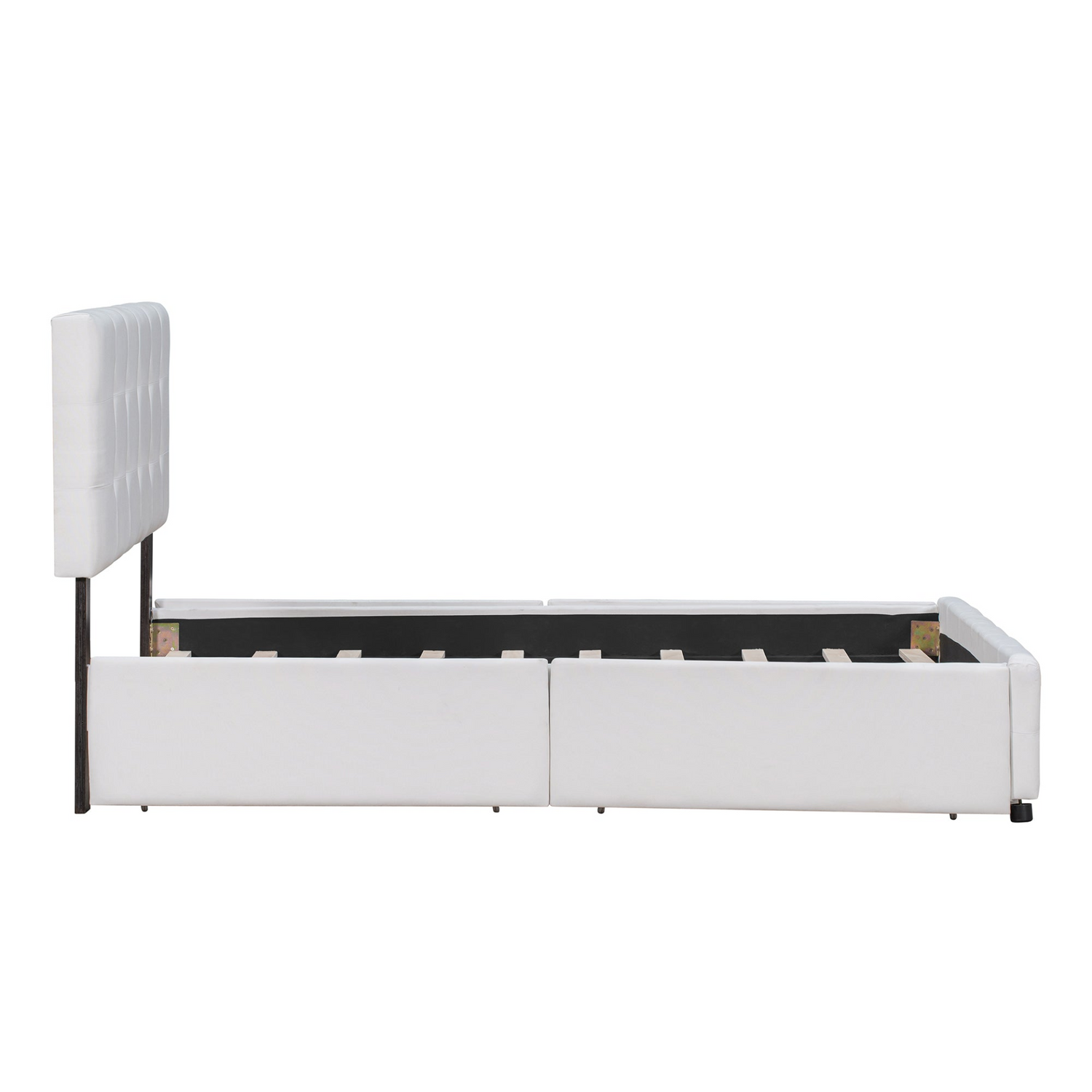 Start2Finish linen upholstered platform bed with classic headboard and four built-in drawers, showcasing its elegant design and storage.