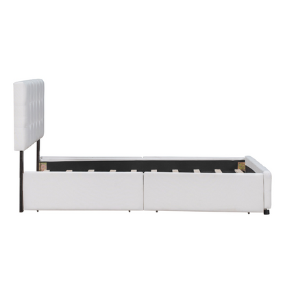 Start2Finish linen upholstered platform bed with classic headboard and four built-in drawers, showcasing its elegant design and storage.