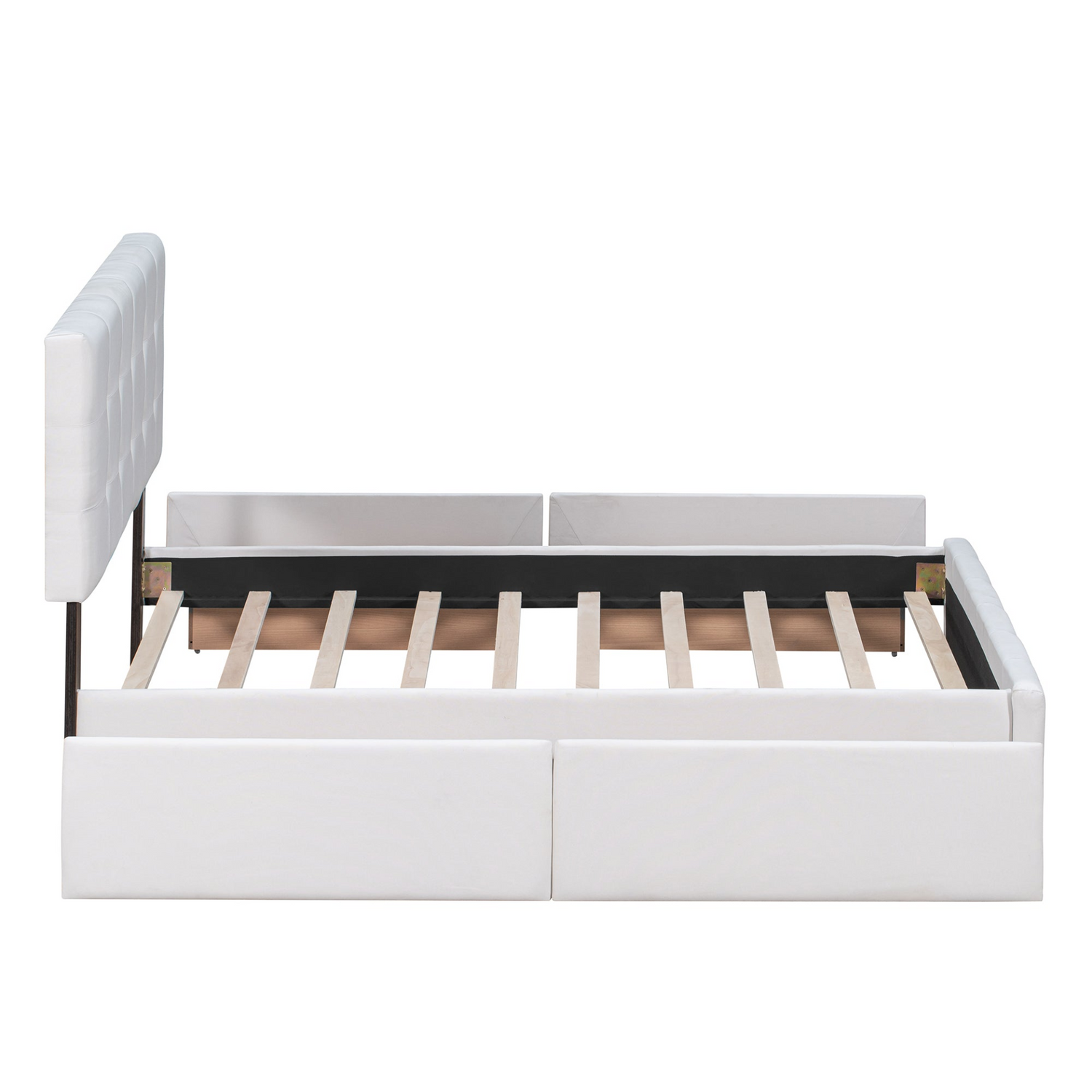 Start2Finish upholstered platform bed with classic headboard, linen fabric, and four storage drawers in a modern bedroom setting.