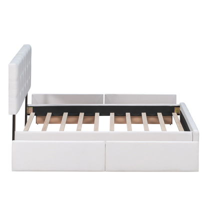 Start2Finish upholstered platform bed with classic headboard, linen fabric, and four storage drawers in a modern bedroom setting.