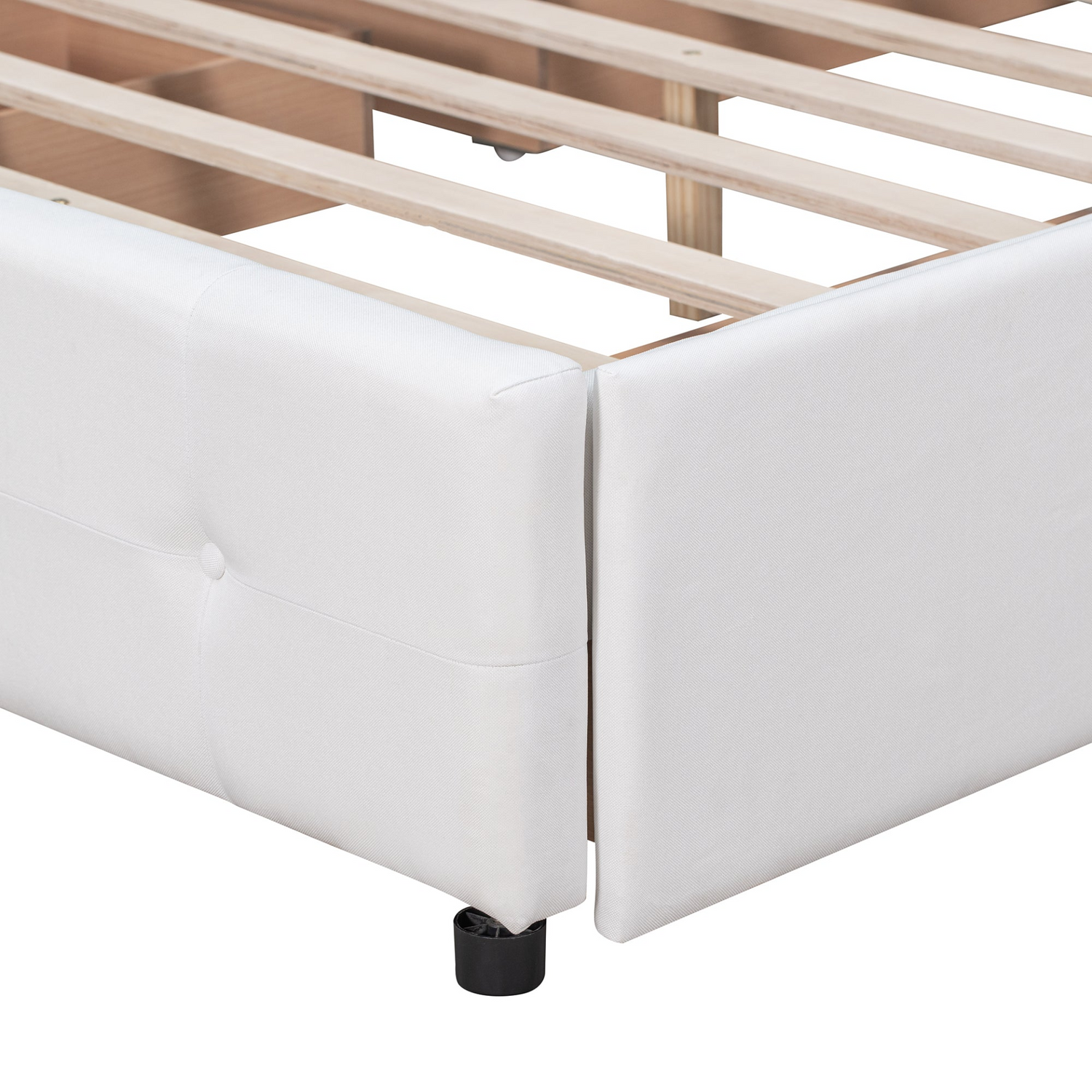 Start2Finish upholstered platform bed with classic headboard and four drawers in linen fabric, showcasing a modern bedroom setup.