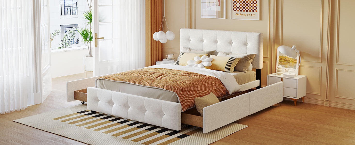 Start2Finish upholstered platform bed with classic headboard, linen fabric, and four storage drawers shown in the image.