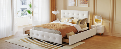 Start2Finish upholstered platform bed with classic headboard, linen fabric, and four storage drawers shown in the image.