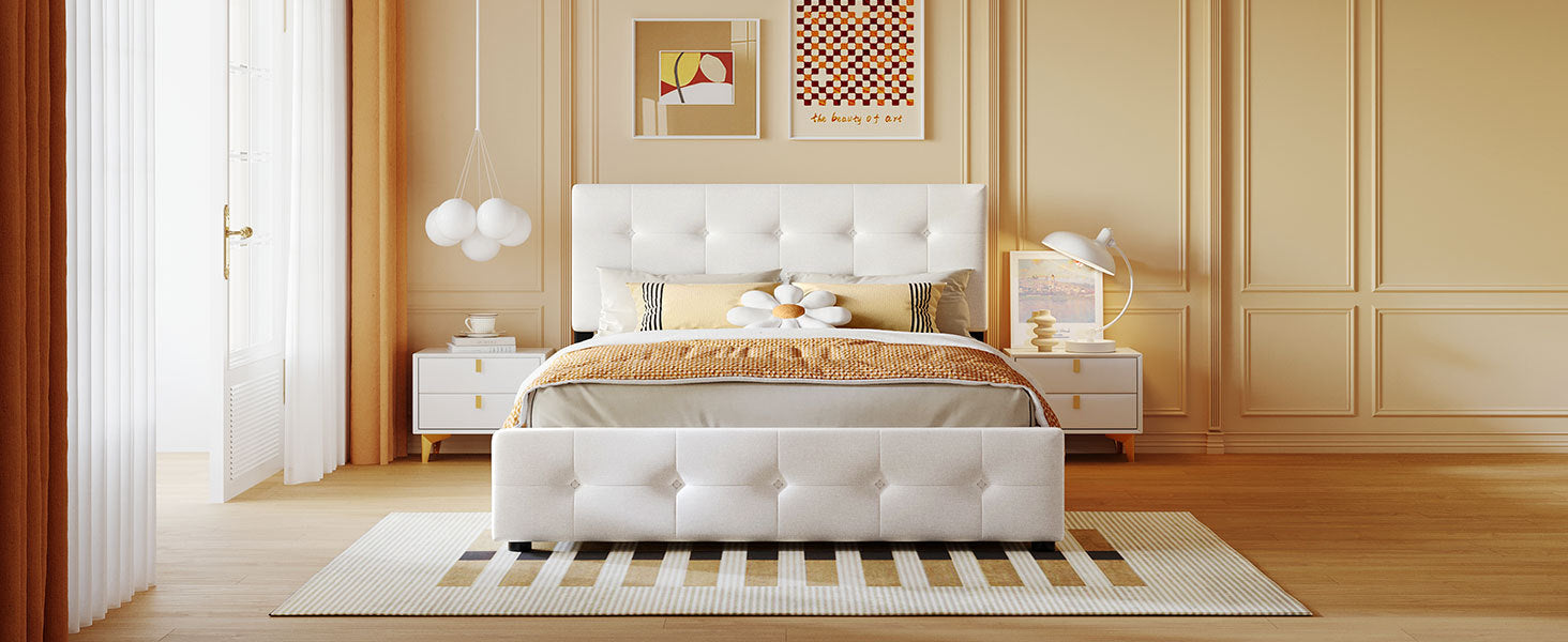 Start2Finish linen fabric upholstered platform bed with classic headboard and four drawers for storage.