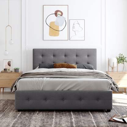 Start2Finish upholstered platform bed with classic headboard and four linen fabric drawers, showcasing a modern bedroom furniture piece.