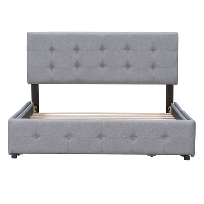 Start2Finish linen fabric upholstered platform bed with classic headboard and four storage drawers, modern bedroom furniture.