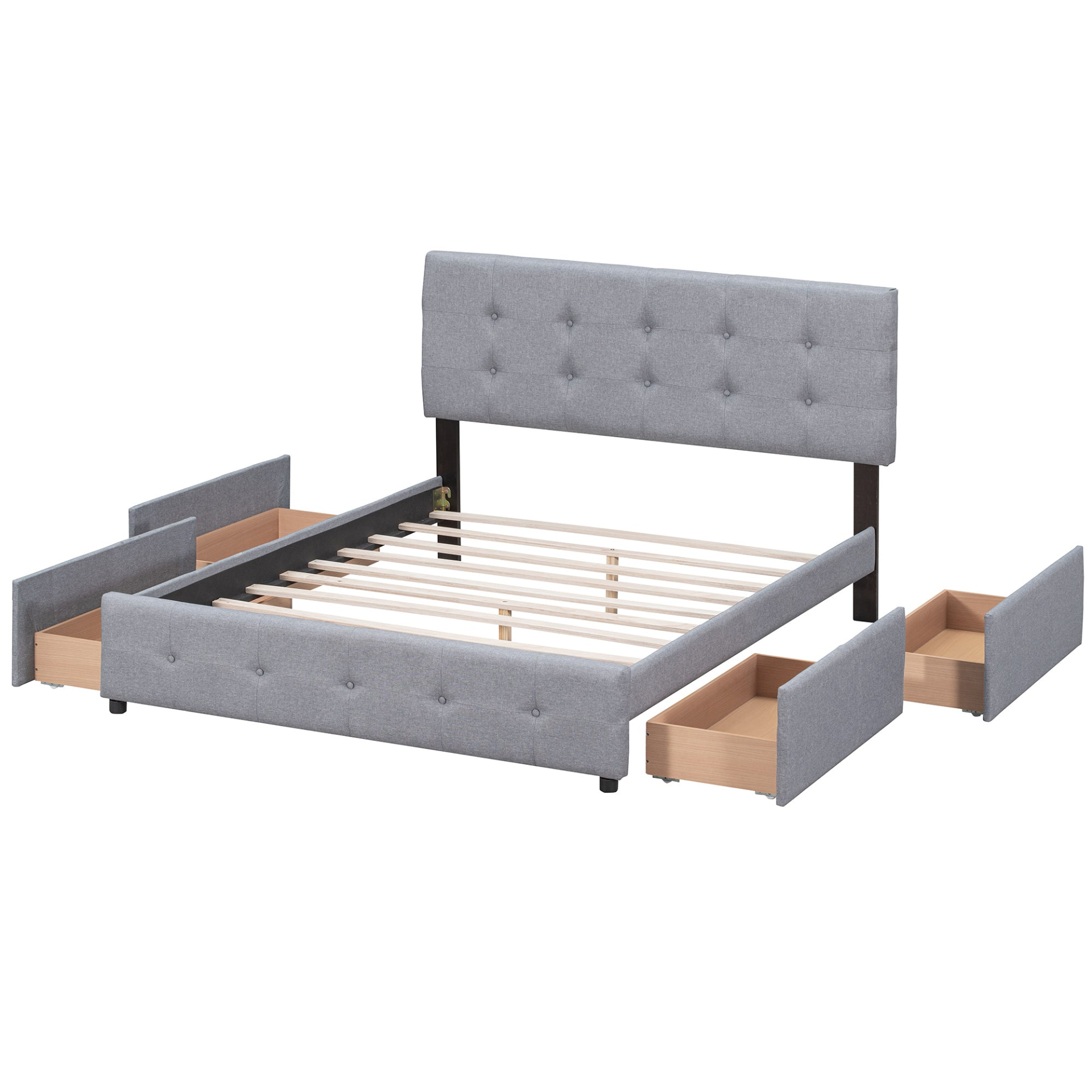 Start2Finish upholstered platform bed with classic headboard, linen fabric, and four built-in drawers for storage.