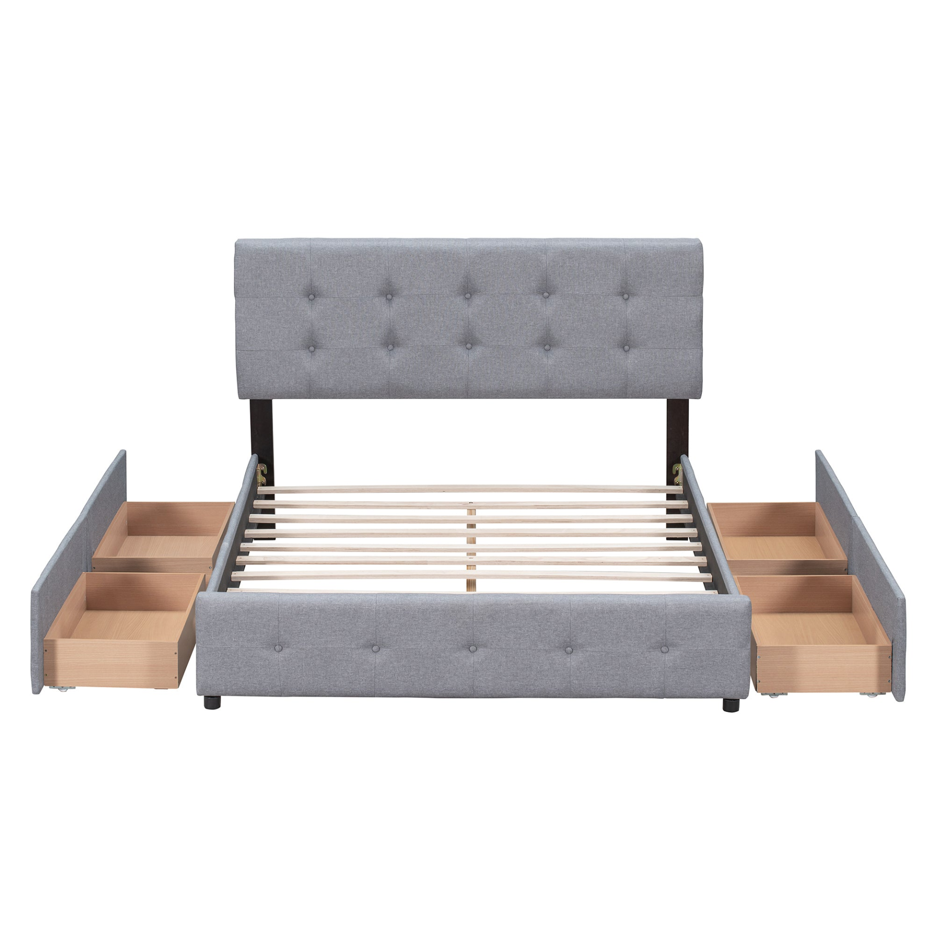 Start2Finish linen fabric upholstered platform bed with classic headboard and four storage drawers, showcasing a stylish bedroom furniture piece.