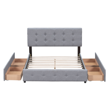Start2Finish linen fabric upholstered platform bed with classic headboard and four storage drawers, showcasing a stylish bedroom furniture piece.