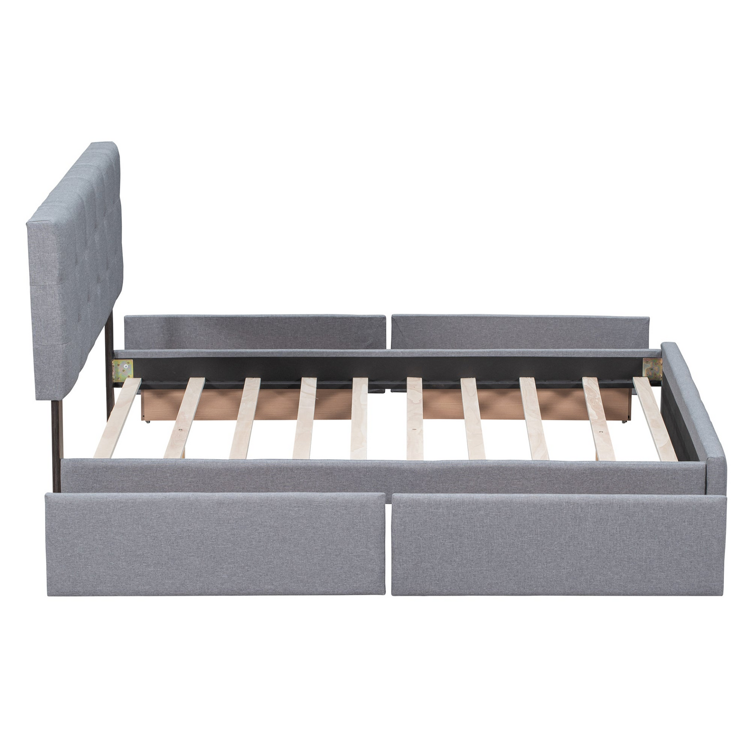 Start2Finish upholstered platform bed with linen fabric, classic headboard, and four storage drawers in a modern bedroom setting.