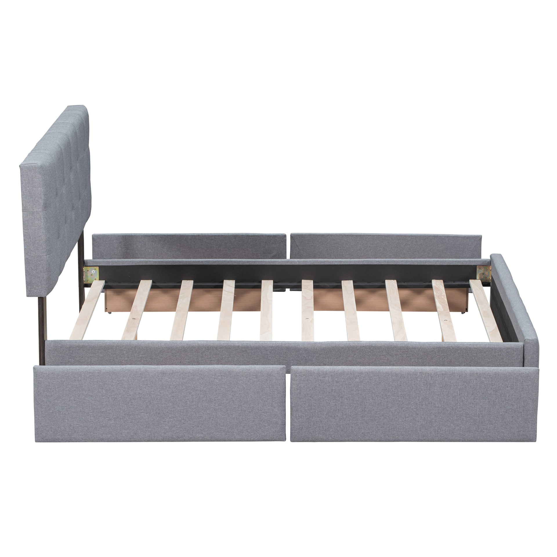 Start2Finish upholstered platform bed with linen fabric, classic headboard, and four storage drawers in a modern bedroom setting.