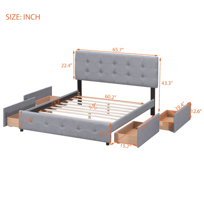 Start2Finish linen fabric upholstered platform bed with classic headboard and four storage drawers, showcasing a stylish bedroom setup