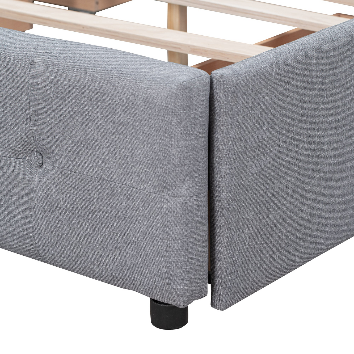 Start2Finish upholstered platform bed with classic headboard, linen fabric, and four drawers visible in the image.