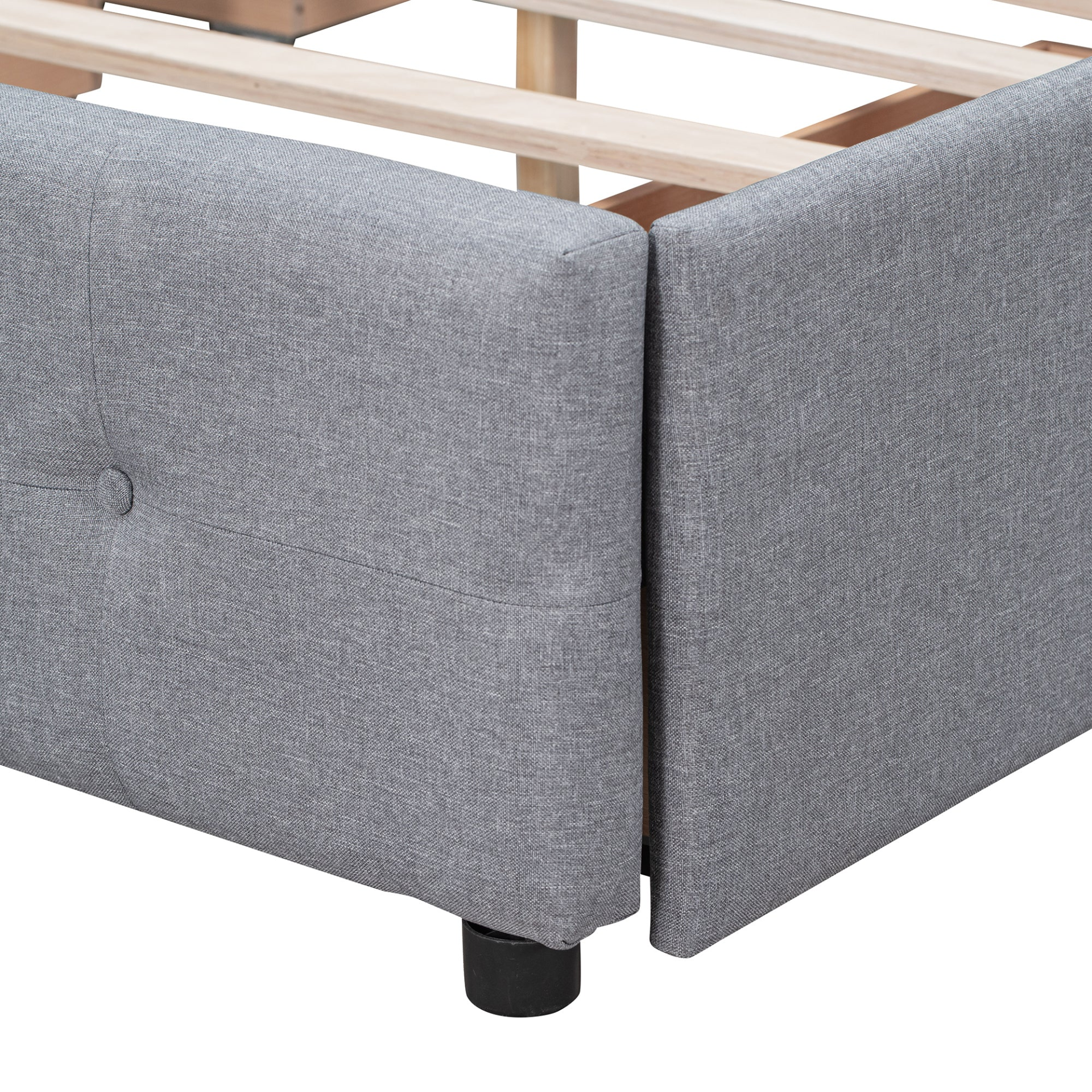 Start2Finish upholstered platform bed with classic headboard, linen fabric, and four drawers visible in the image.