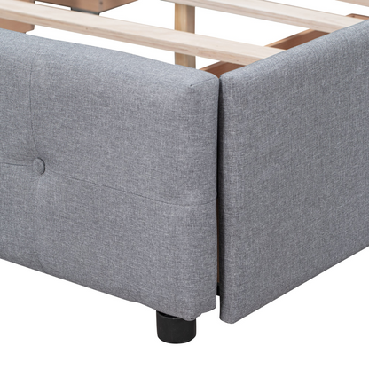 Start2Finish upholstered platform bed with classic headboard, linen fabric, and four drawers visible in the image.