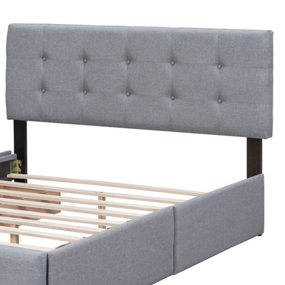 Start2Finish upholstered platform bed with classic headboard, linen fabric, and four storage drawers in a bedroom setting.