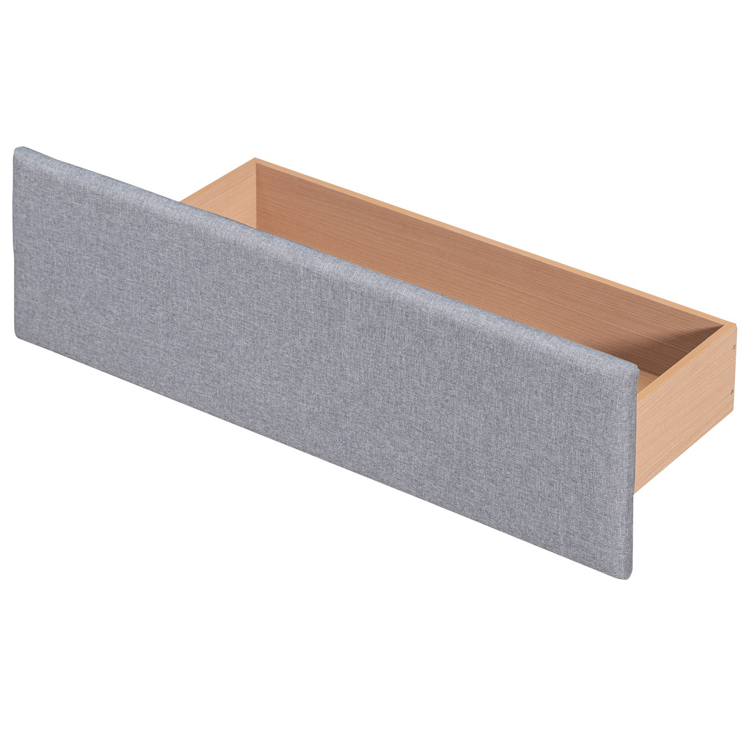 Start2Finish linen fabric upholstered platform bed with classic headboard and four built-in drawers, shown with a modern bedroom setup.